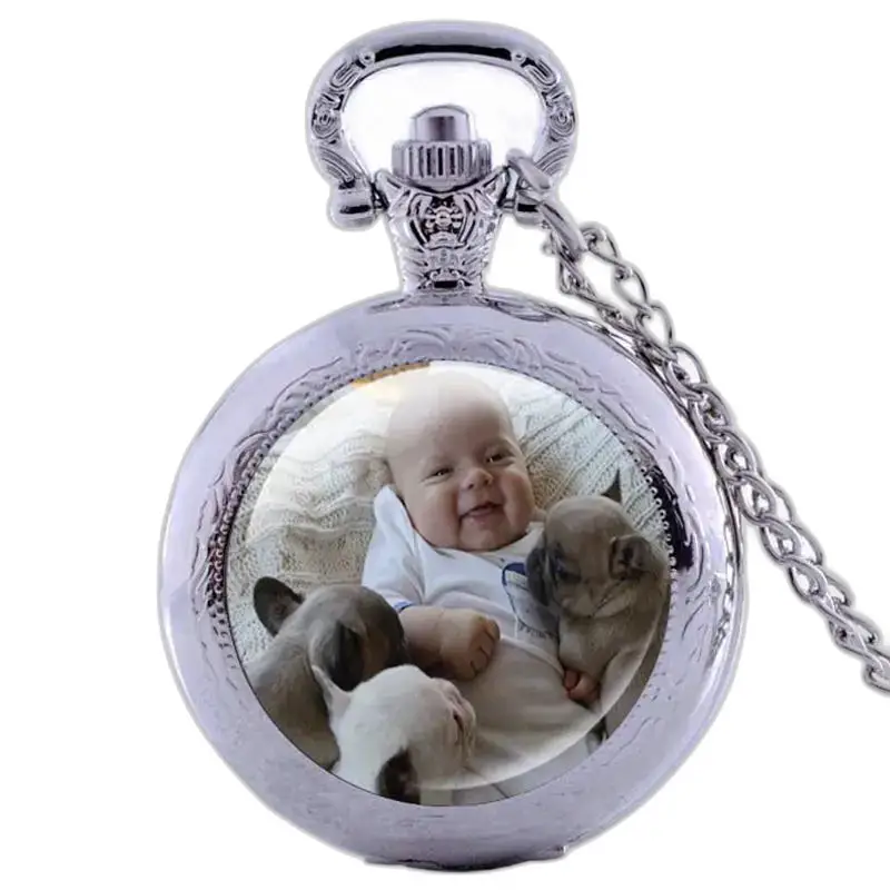 Elegant customizable necklace watch with baby and puppies in silver