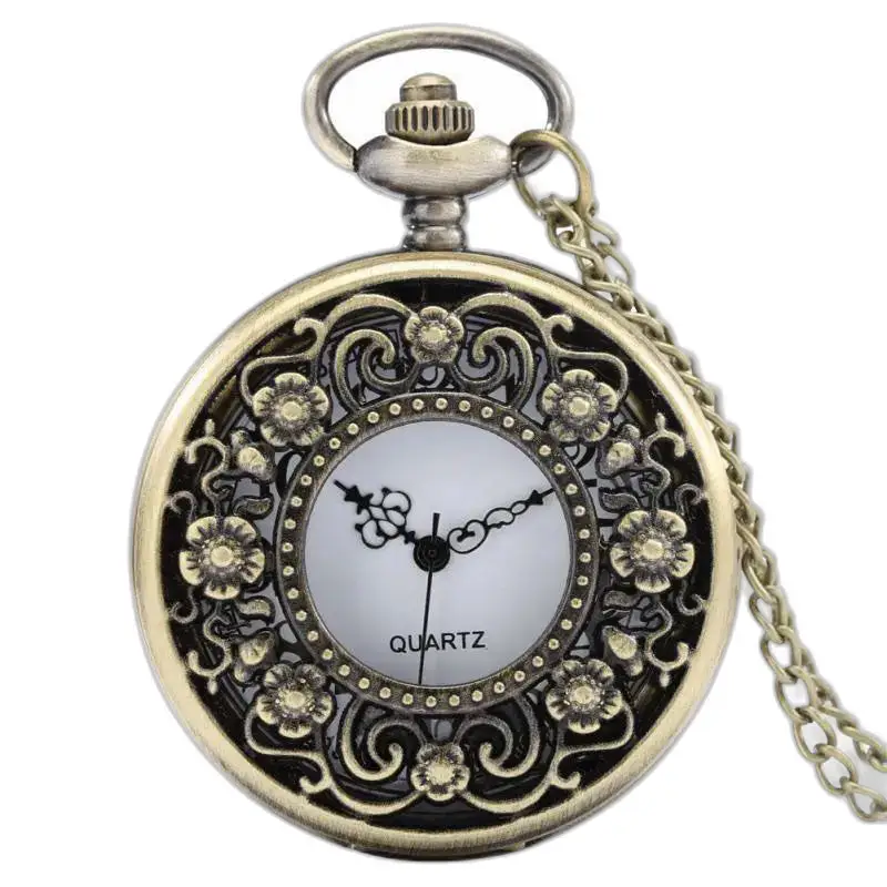 Retro Vintage Flower Ornate Bronze Necklace Watch with Elegant Chain