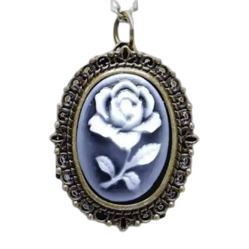 Elegant White Rose Necklace Watch with an oval pink cameo pendant