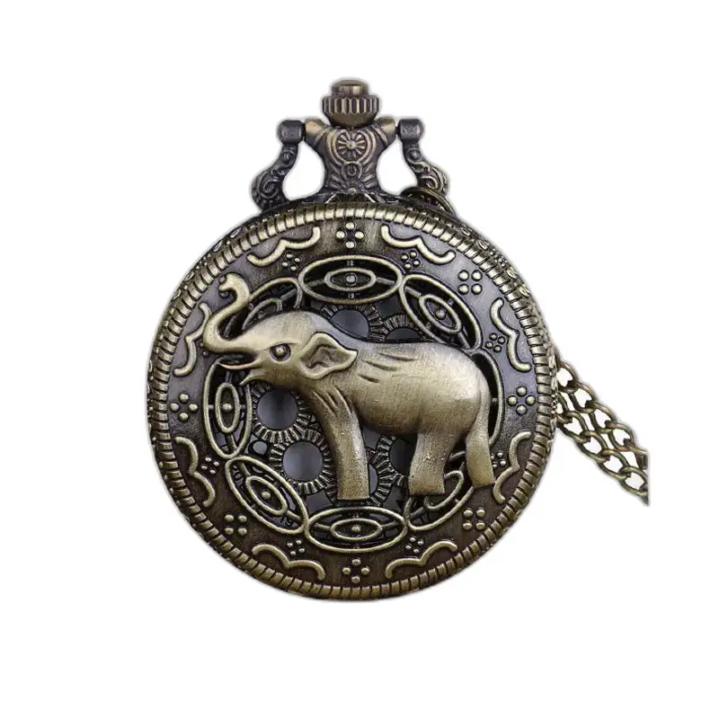 Bronze elephant pocket watch Vintage Elephant Necklace Watch White Dial Elegant