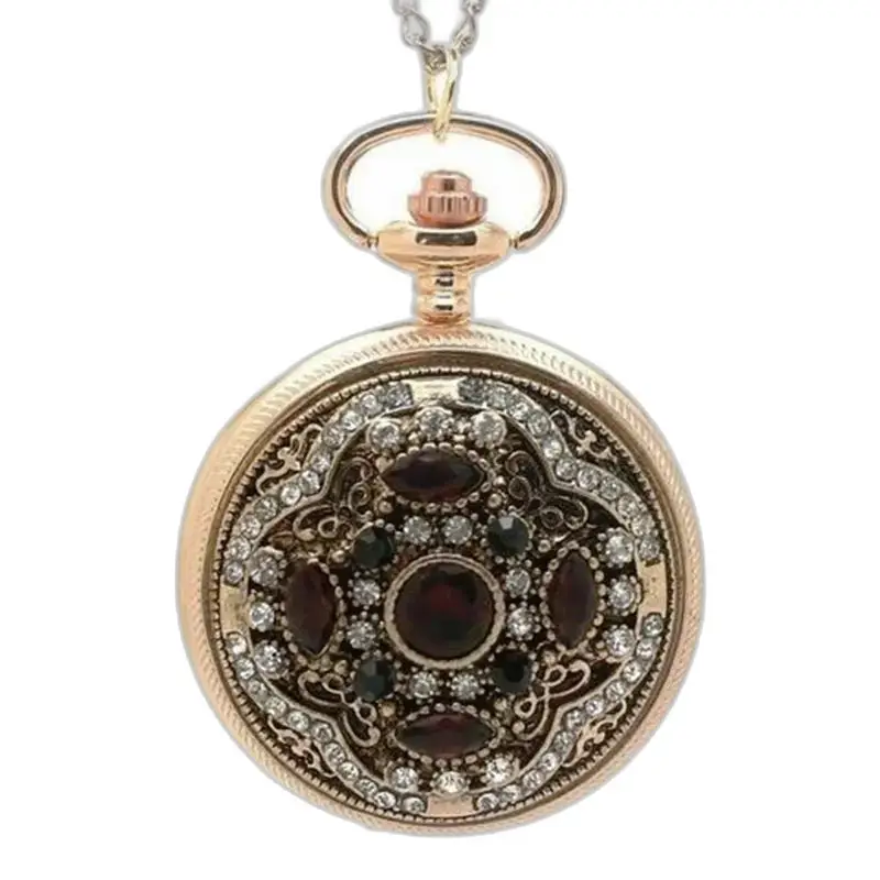 Ornate pocket watch pendant of Vintage Women's Necklace Watch with precious stones