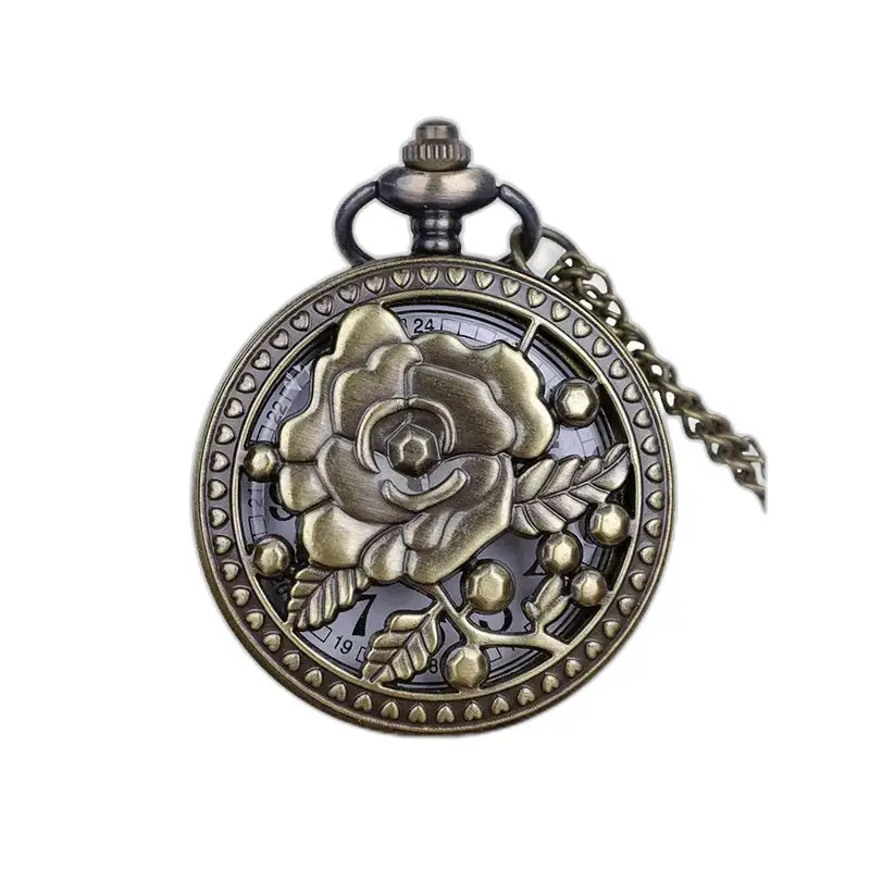 Vintage Rose Flower Bronze Necklace Watch with a delicate rose-shaped dial