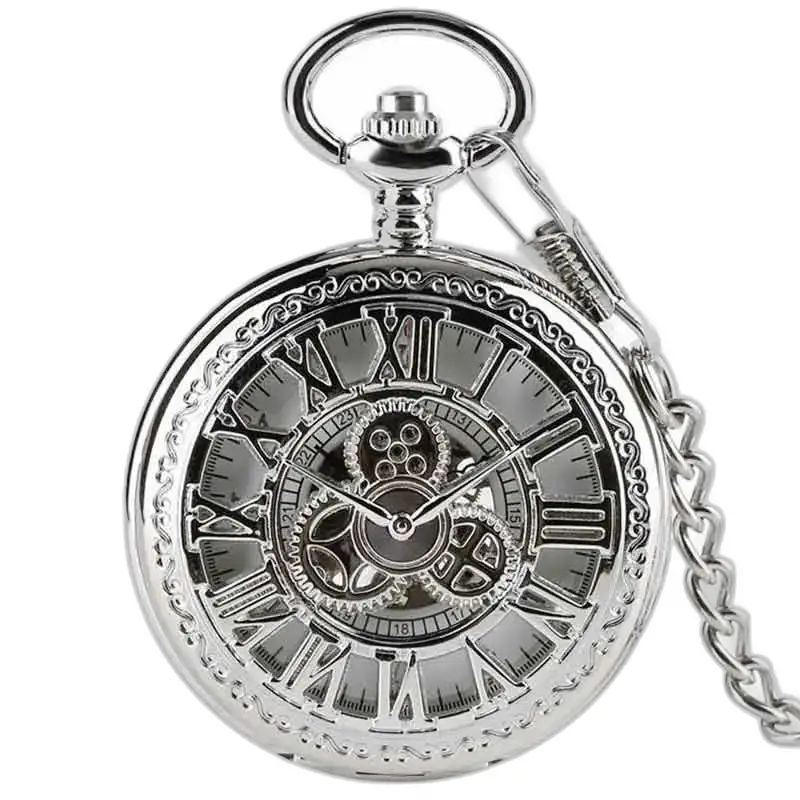 Luxury Silver Diamond Gusset Pocket Watch with chain, elegant skeletonized design