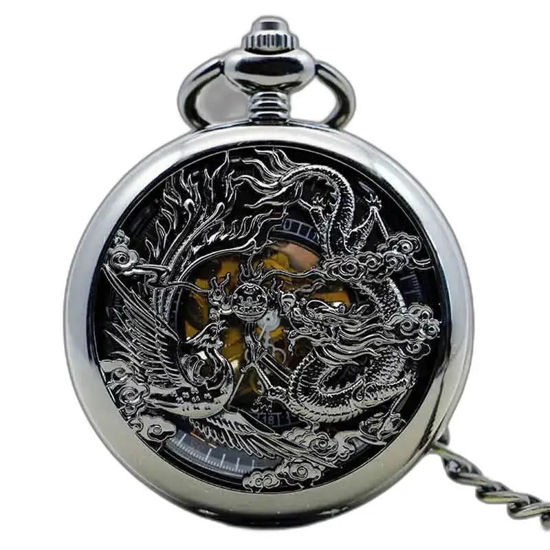 Steampunk Erbium Luxe Gusset Pocket Watch with dragon and phoenix design in silver