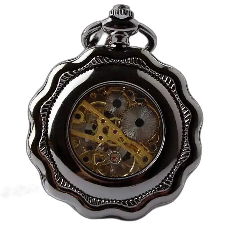 Steampunk Platinum Gusset Pocket Watch with a sleek mechanized black design