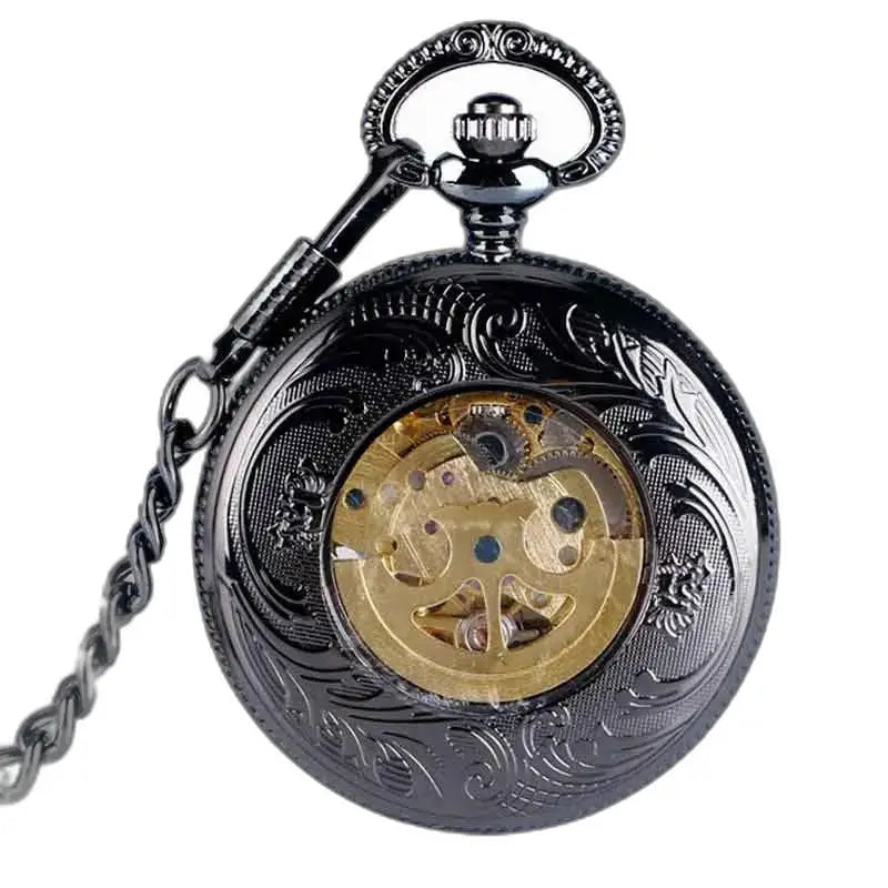 Steampunk Rhodium Gusset Pocket Watch with ornate design in black