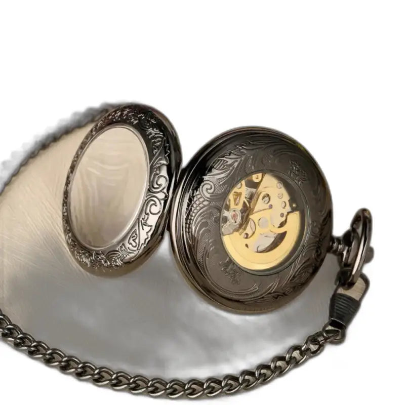 Rusticgem Black Open Automatic Pocket Watch with Ornate Design Chain
