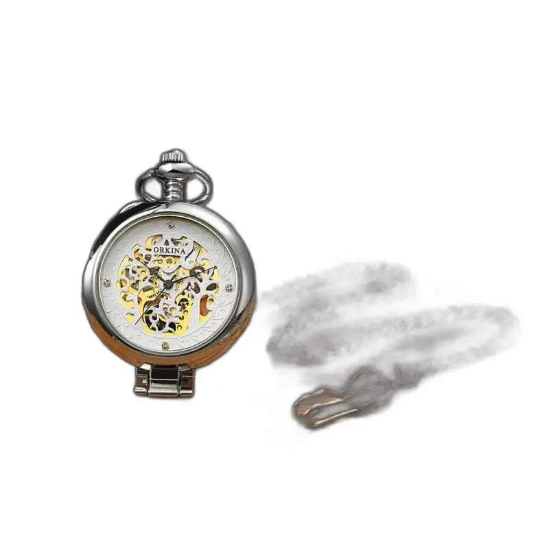 Exquisite Mechanical Men's Pocket Watch Gold with Chain and Silver Skeleton Watch