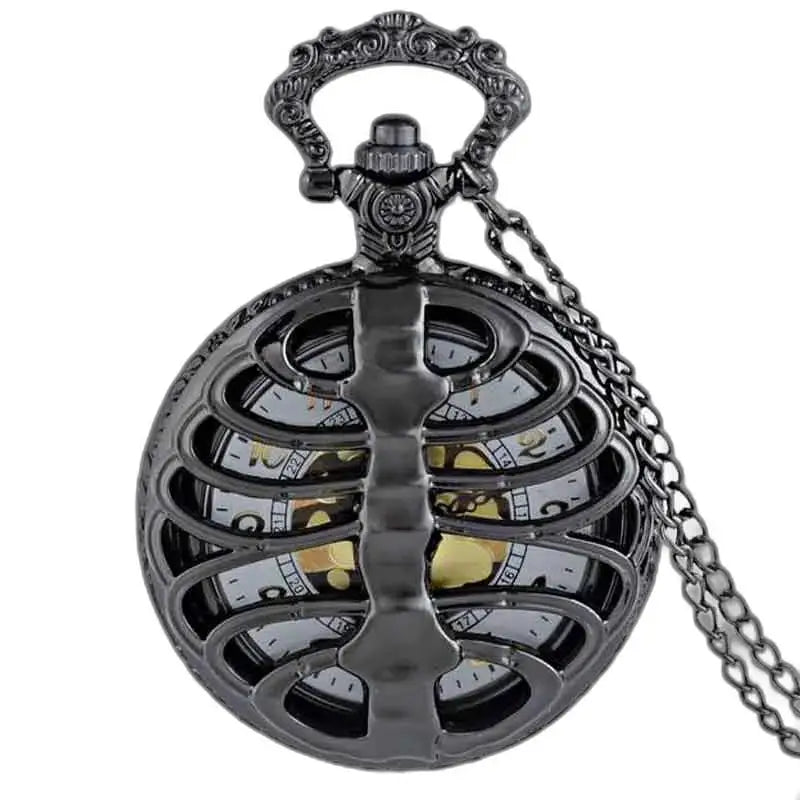 Steampunk Palladium Pocket Watch with black skeleton-ribcage