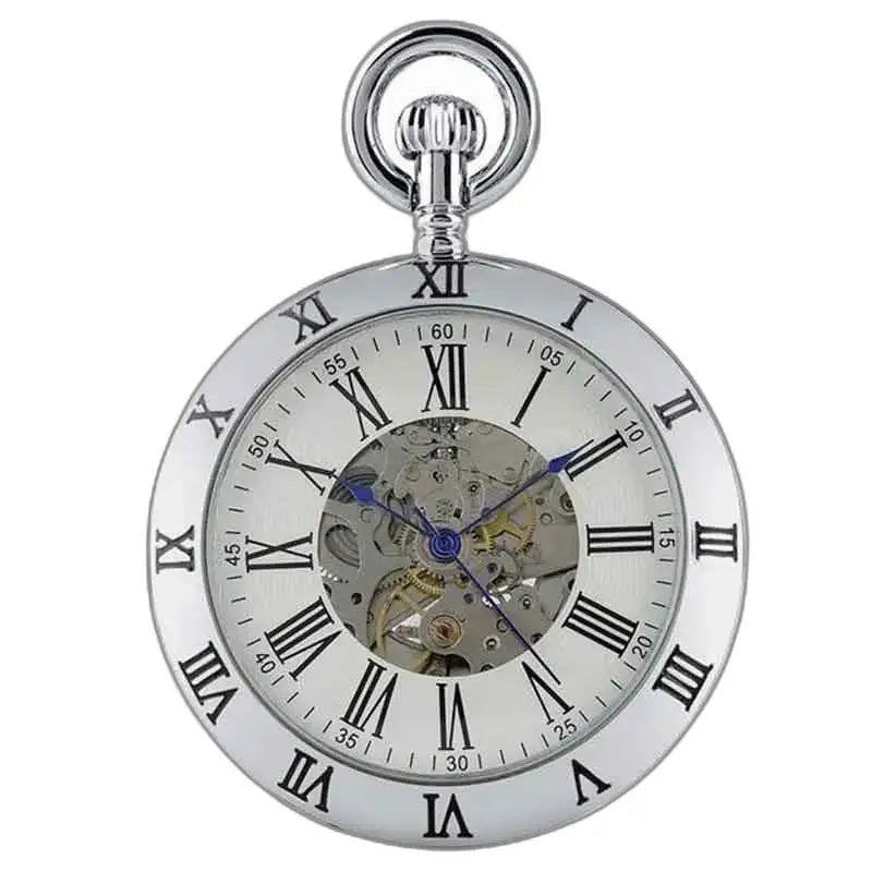 Elegant Silver Stone Luxury Pocket Watch with Roman numerals on a silver background