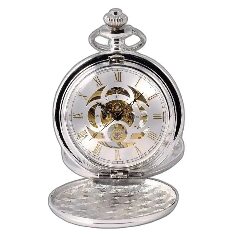 Silver Double Flap Mechanical Pocket Watch with mechanical movement and visible gears
