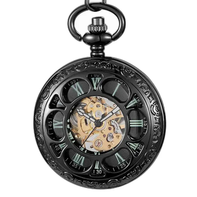 Vintage Green Lantern Mechanical Pocket Watch with Skeleton Black Dial