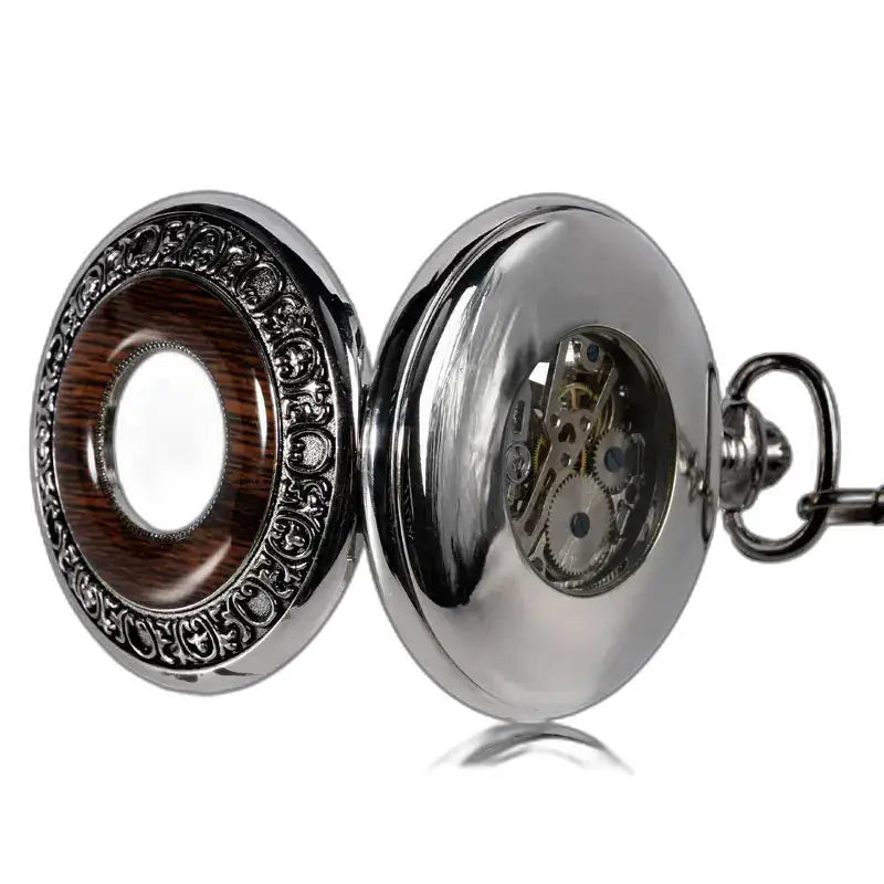 Wood Prestige Luxury Men's Mechanical Pocket Watch with visible metal mechanism