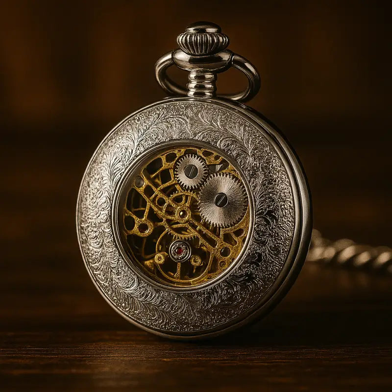 Luxury Silver Pocket Watch Gift Box with an elegant silver skeletal dial