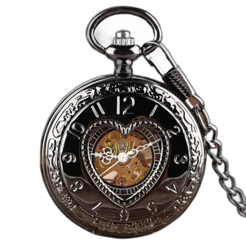 Women's Pocket Watch with Manual Mechanism, black heart-shaped pocket watch with visible mechanism