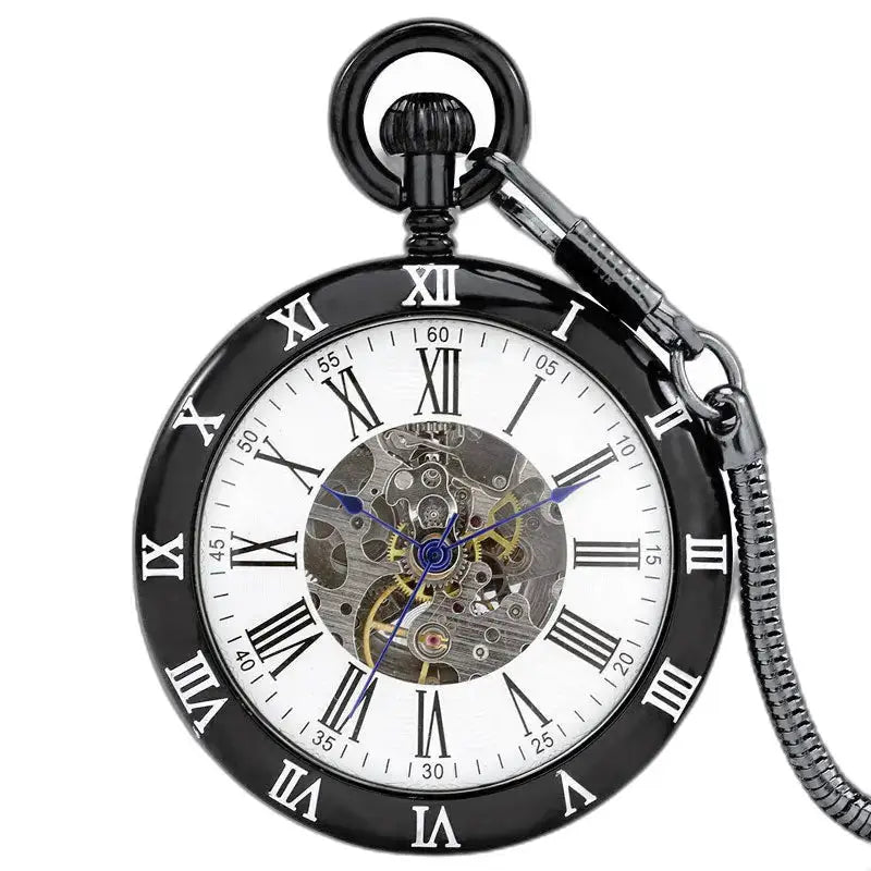 Black Classic Open Mechanical Pocket Watch with visible mechanism and black gears