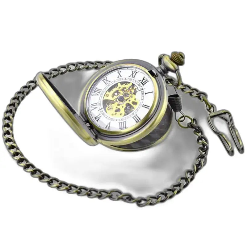 Luxury Black Gold Mechanical Pocket Watch with golden chain and elegant antique design