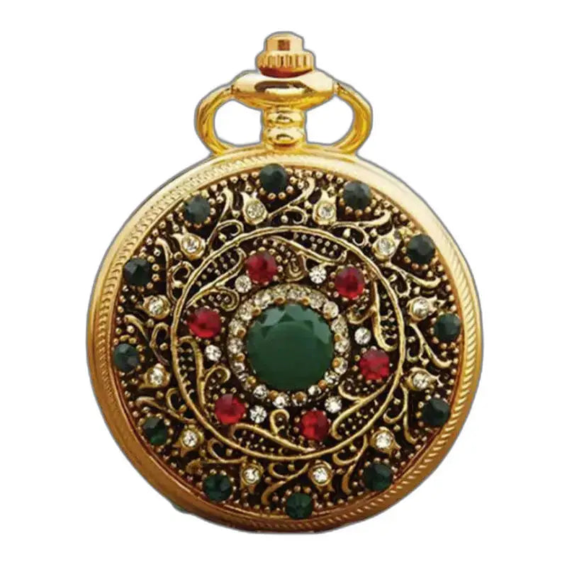 Gold and Precious Stone Necklace Pocket Watch with Ornate Design