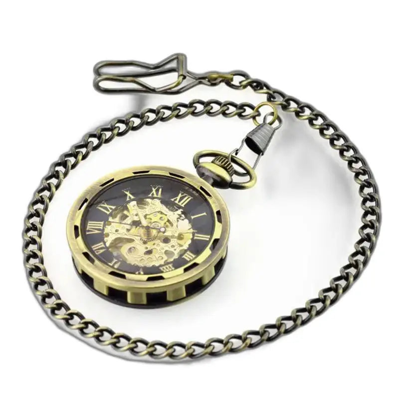 Luxury skeleton pocket watch for men and women with bronze chain and elegant design