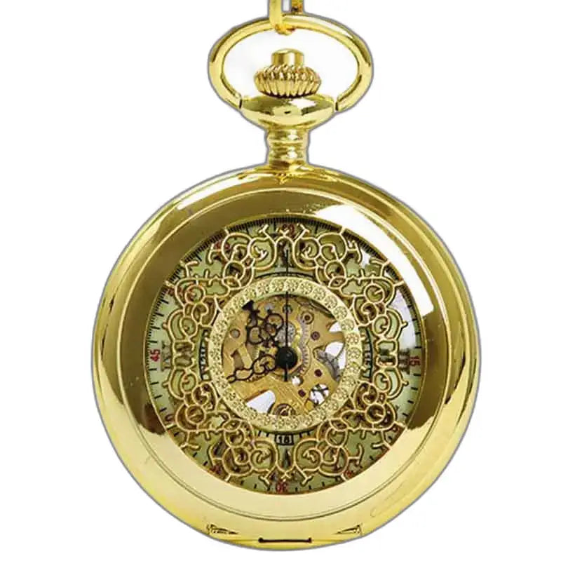 Steampunk pocket watch in gold, visible mechanics, real gold nugget