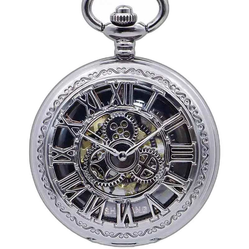 Steampunk Pocket Watch with Cogs, Elegant Silver Pocket Watch