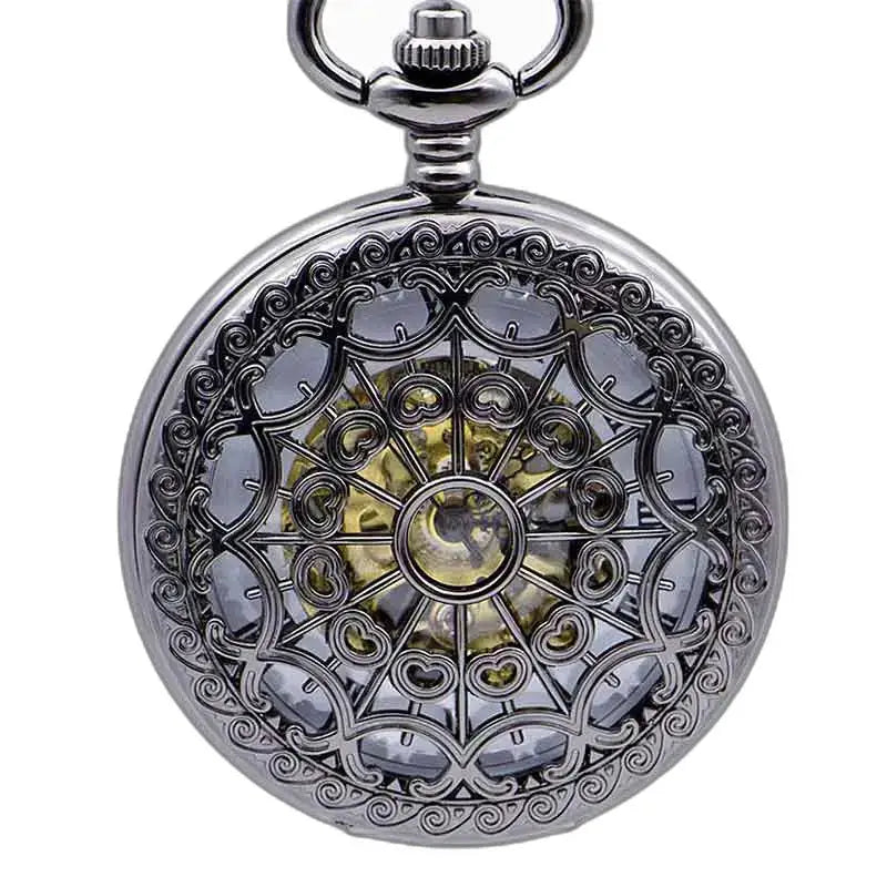 Steampunk Nickel Silver Pocket Watch with Visible Mechanism in Ornate Silver