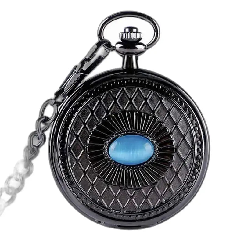 Mechanical steampunk pocket watch with blue sapphire and elegant black case