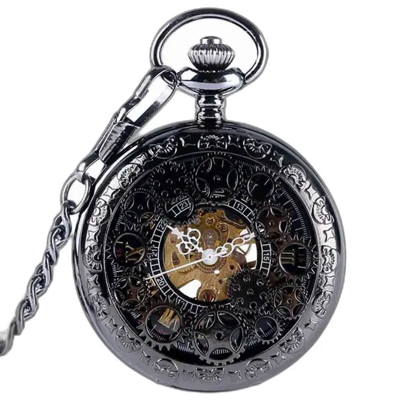 Steampunk pocket watch with visible mechanism and elegant black chain