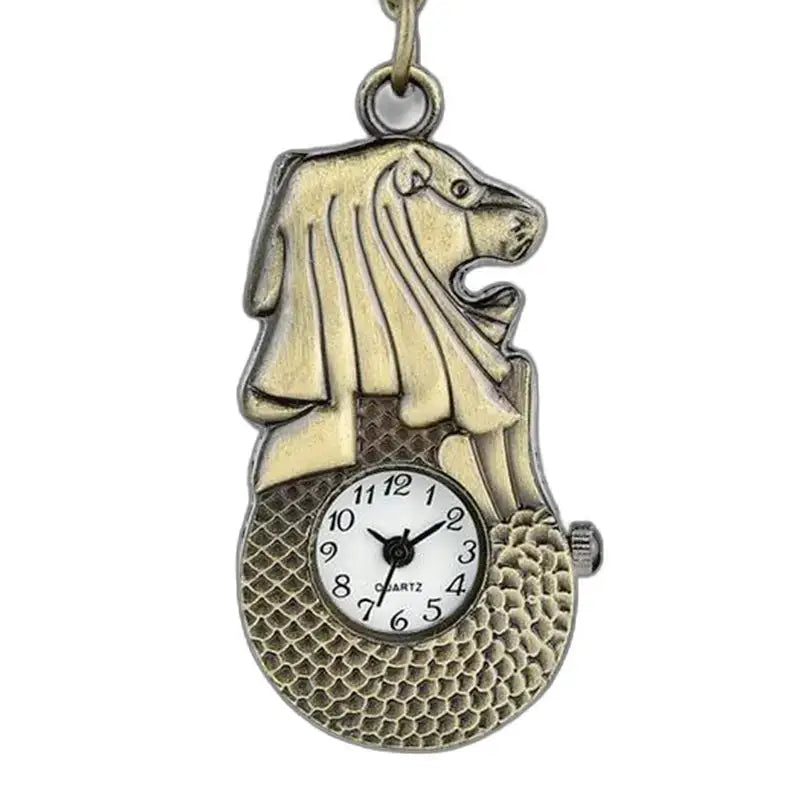 Vintage Lion Watch with Merlion Shaped Bronze Chain Bracelet