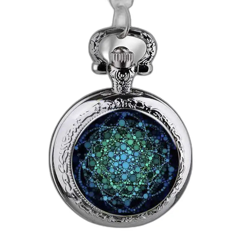 Elegant Beaded Rosette Pendant Watch with Blue and Green Geometric Design