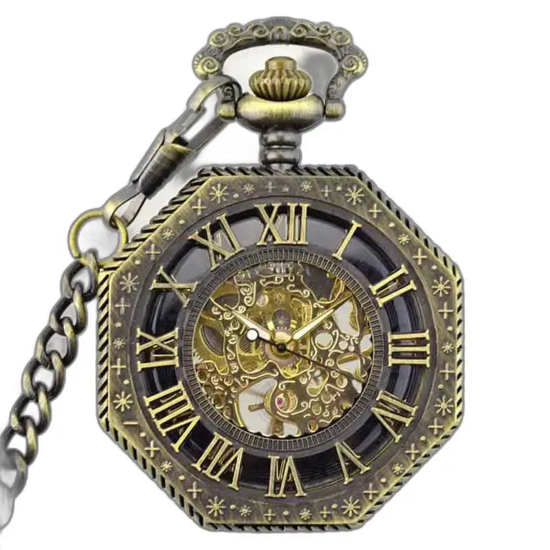 Steampunk men's bronze pocket watch with chain and skeleton mechanism