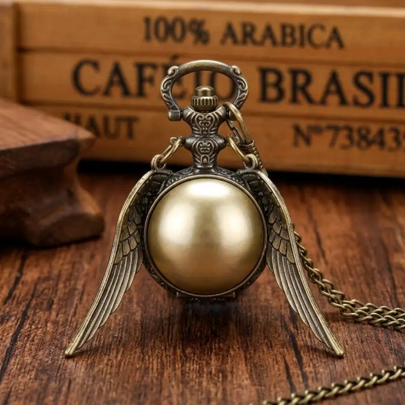 Winged Quartz Pocket Watch Necklace for Women Gold Silver Bronze