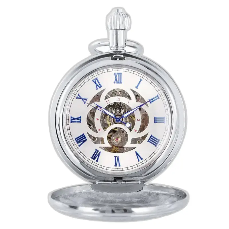 Men's engraved automatic pocket watch - open skeleton dial, blue Roman numerals