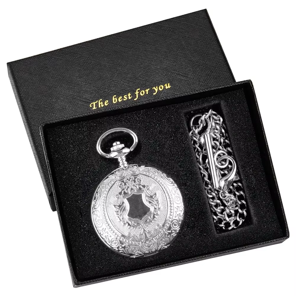 Men's engraved automatic pocket watch - presented with its chain in its black "The Best For You" gift box