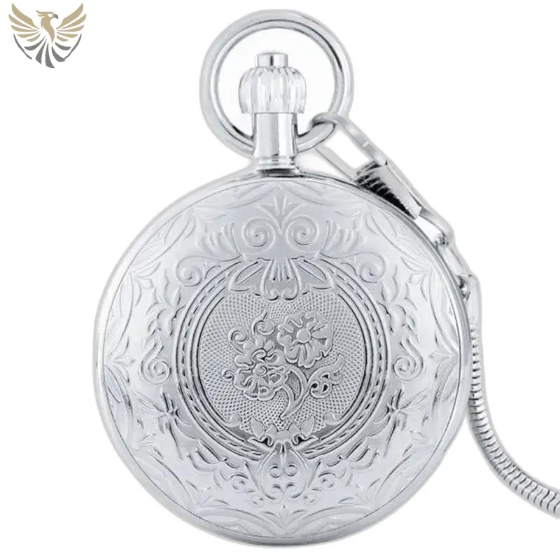 Men's engraved automatic pocket watch - engraved floral motif cover with pocket chain