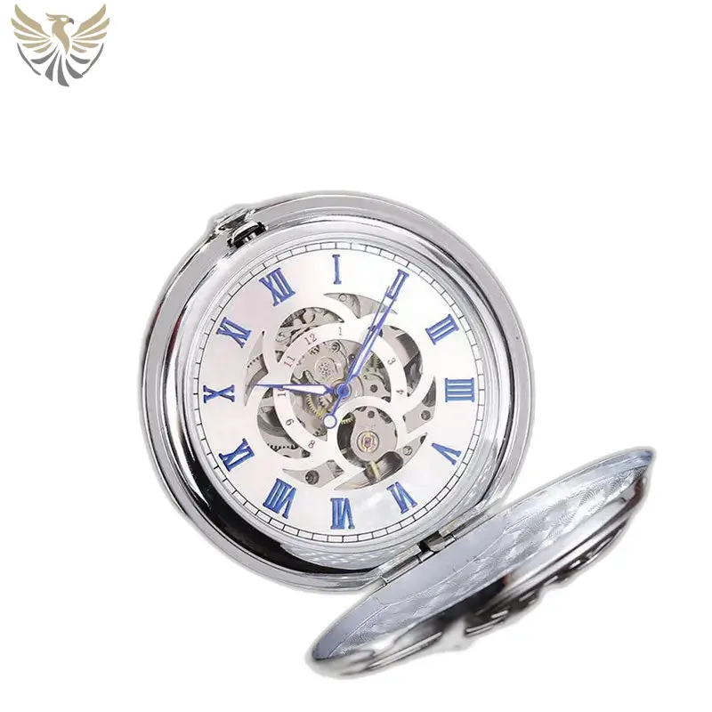 Men's engraved automatic pocket watch - side view, open case, visible skeleton mechanism