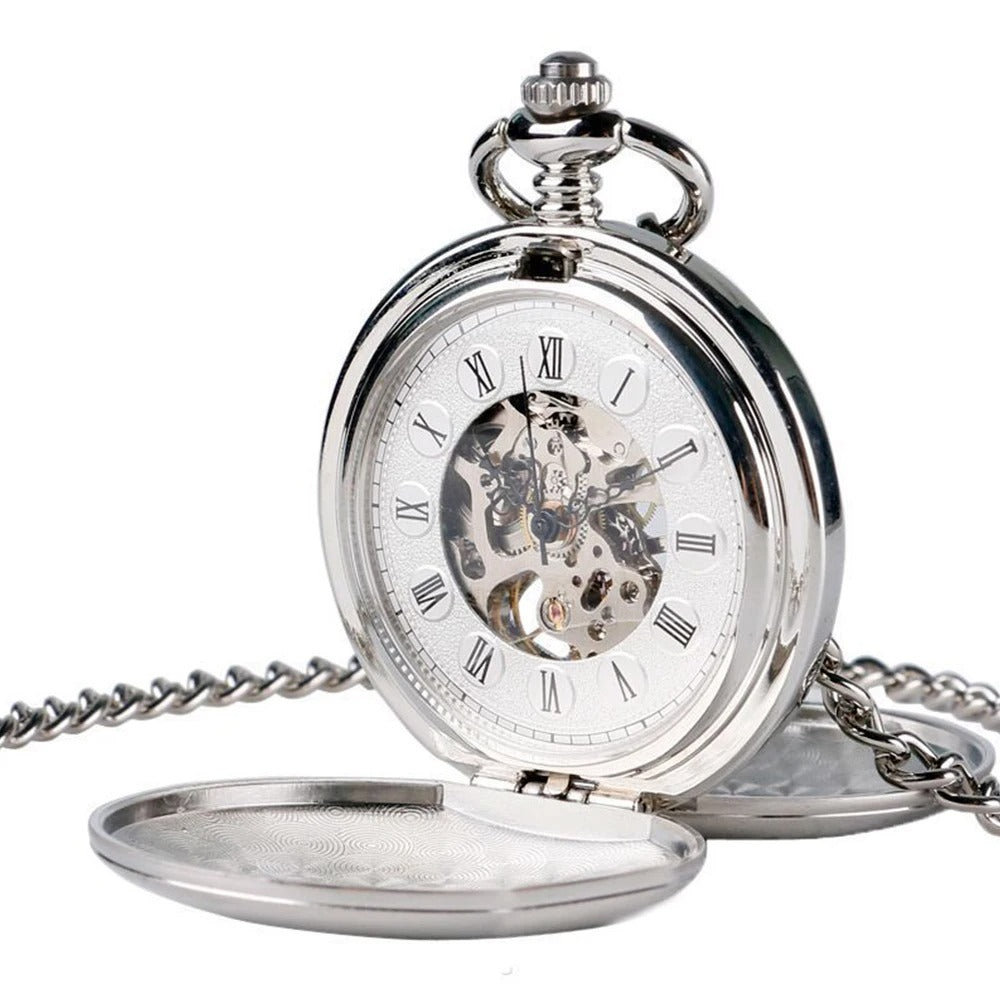 Montre à Gousset Mécanique Chasseur Homme coloris argent, cadran squelette à chiffres romains, packshot fond blanc