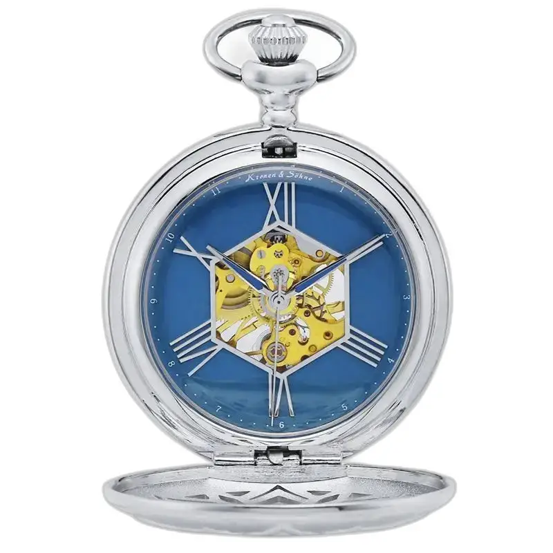 Montre à gousset homme moderne argent avec cadran bleu et attache à clip