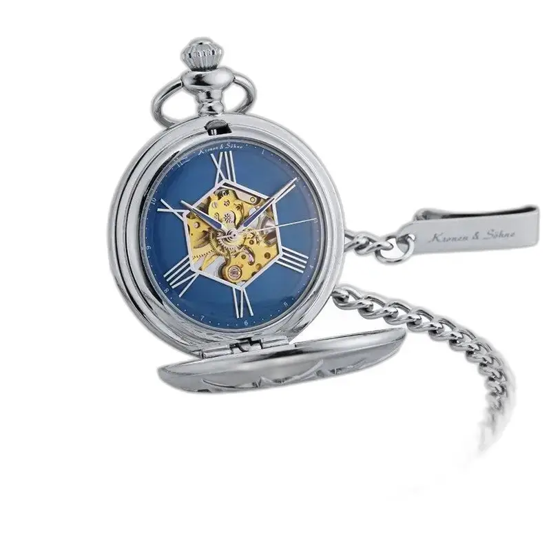 Montre à gousset homme moderne argent avec cadran bleu et attache à clip élégante