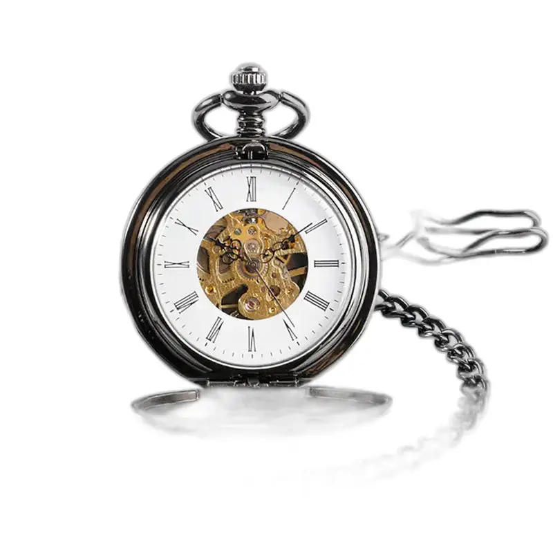 Montre à gousset mécanique lisse noir luxe avec finition gunmetal élégante