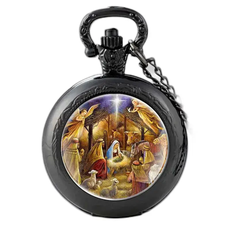 Montre Collier Naissance de Jésus Vintage Femme avec montre pocket noire et scène de crèche
