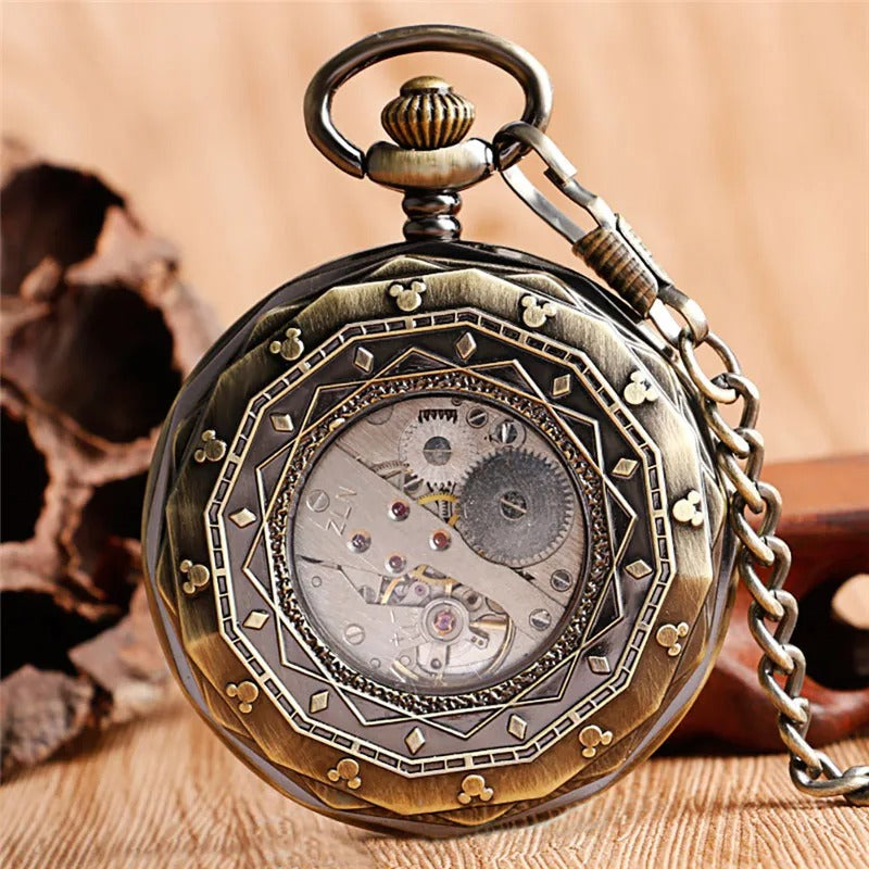 Montre à Gousset Mécanique Open Face Vintage coloris bronze, dos du boîtier ajouré laissant voir le mouvement