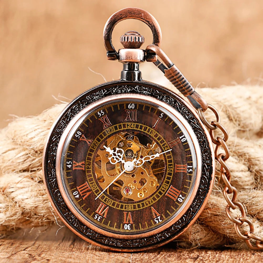 Montre à Gousset Mécanique Squelette Cuivre Homme, cadran squelette à chiffres romains, posée sur corde