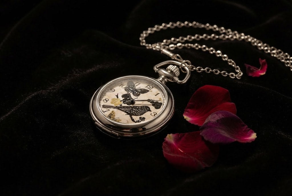 Montre Gousset Pendentif Floral Femme Collier - Argenté illustré, charnière fine
